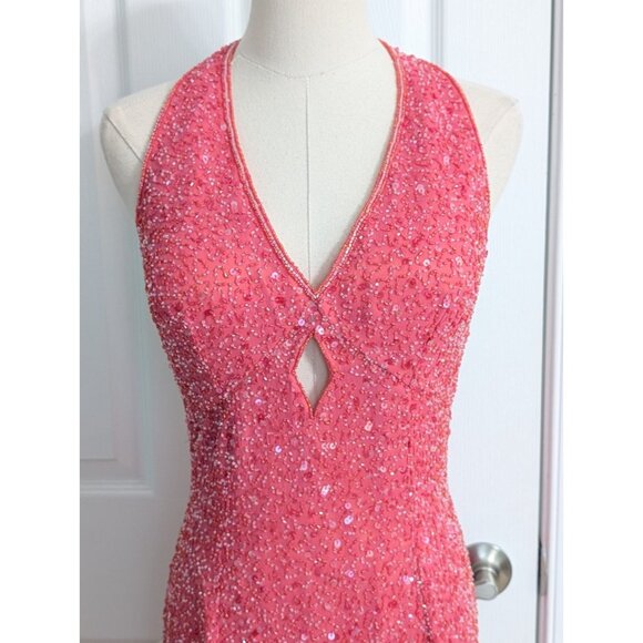 Vintage Y2K Scala Beaded Silk Halter Key Hole Backless Pink Double Slit Gown M - Picture 2 of 15